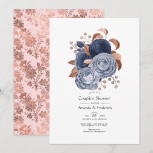 Convite Chuva de Casal Floral em Azul Poeirento e Dourado