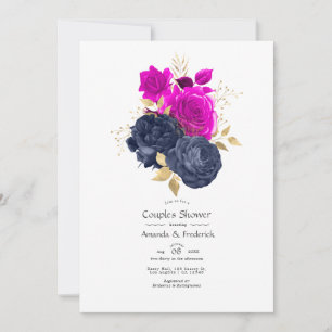 Convite Chuva de Casal Floral Magenta, Azul Marinho e Dour