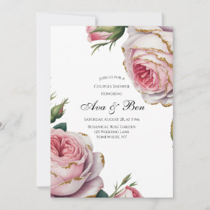 Convite Chuva de Casal Floral Rosa e Bege Blush e Marfim