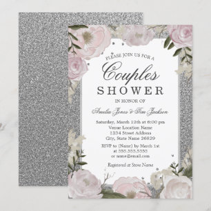 Convite Chuva de Casal Floral Rosa Prateado