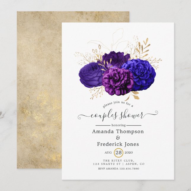 Convite Chuva de Casal Floral Roxo, Azul Real e Dourado (Frente/Verso)