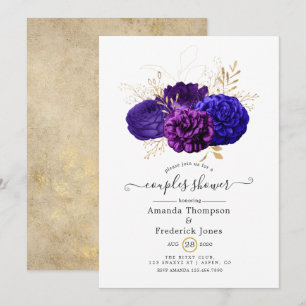 Convite Chuva de Casal Floral Roxo, Azul Real e Dourado