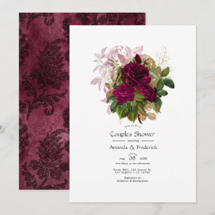 Convite Chuva de Casal Floral Shabby Dourado Burgundy Rosa