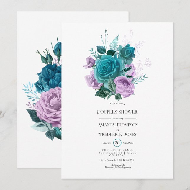 Convite Chuva de Casal Floral Turquesa e Lavanda (Frente/Verso)