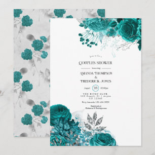 Convite Chuva de Casal Floral Turquesa e Prata