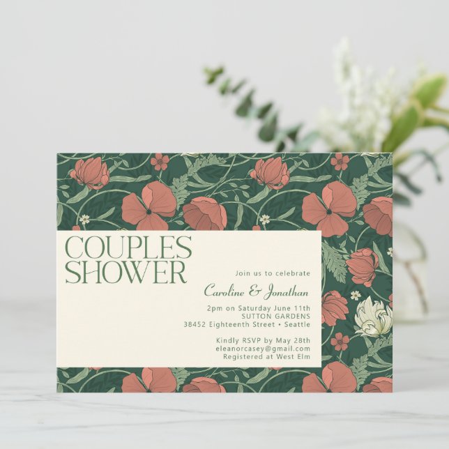Convite Chuva de Casal Floral Verde Rústico Elegante (Em pé/Frente)