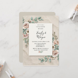 Convite Chuva de Casal Floral Verde Sage Areia