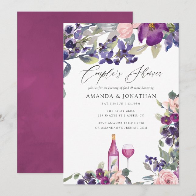 Convite Chuva de Casal Floral Violeta e Ameixa Degustação  (Frente/Verso)