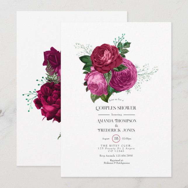 Convite Chuva de Casal Floral Viva Magenta (Frente/Verso)