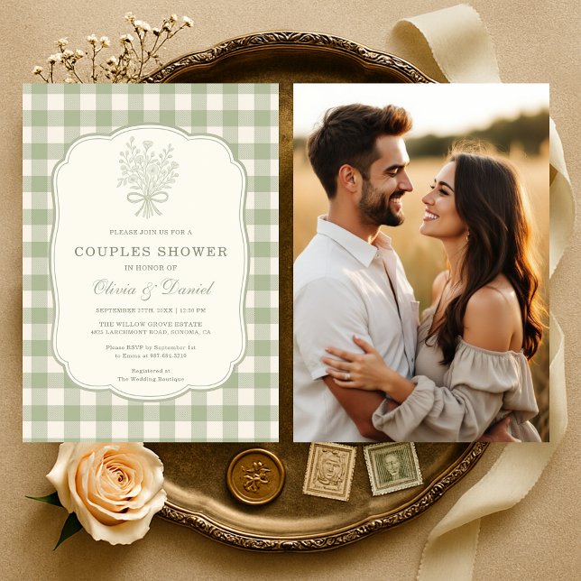 Convite Chuva de Casal Gingham Floral com Laço e Foto (Criador carregado)