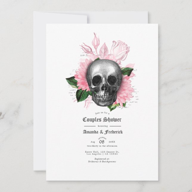 Convite Chuva de Casal Gótico de Crânio Floral Rosa (Frente)