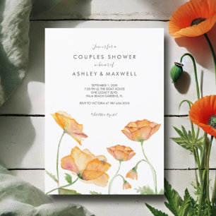 Convite Chuva de Casal Laranja Floral Aquarela Papoulas