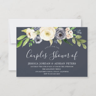 Convite Chuva de Casal Navy & White Watercolor Flores