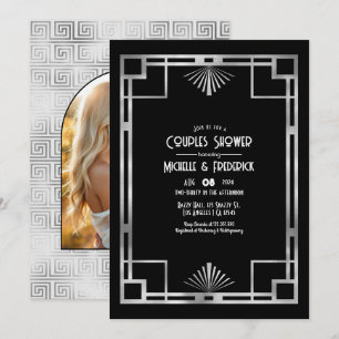 Convite Chuva de Casal Preto e Prata Gatsby Art Déco