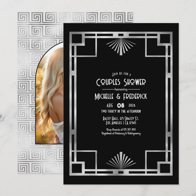 Convite Chuva de Casal Preto e Prata Gatsby Art Déco (Frente/Verso)