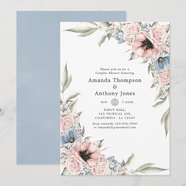 Convite Chuva de Casal Rose Quartz e Serenity Floral (Frente/Verso)