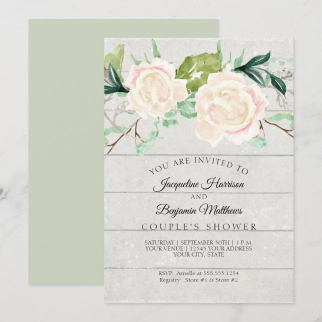 Convite Chuva de Casal Rustico Madeira Aquarela Rosas Bege (Frente/Verso)