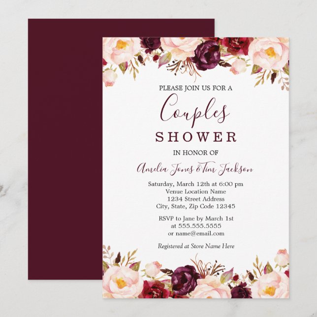 Convite Chuva de Casal Vermelho Floral de Marsala Burgundy (Frente/Verso)