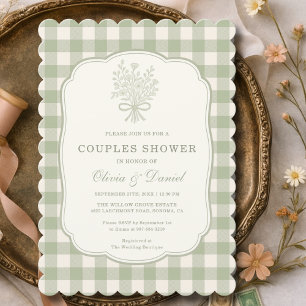 Convite Chuva de Casal Xadrez Verde Musgo com Laço Floral