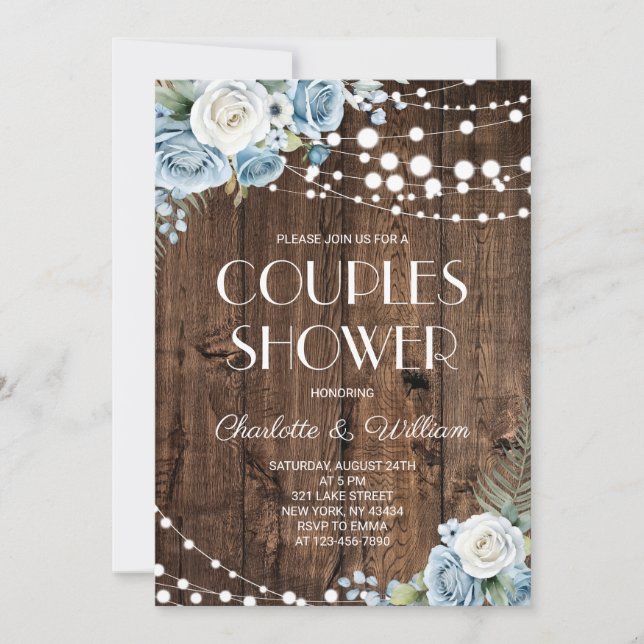 Convite Chuva de Casamento Azul Empoeirado de Madeira Rúst (Frente)