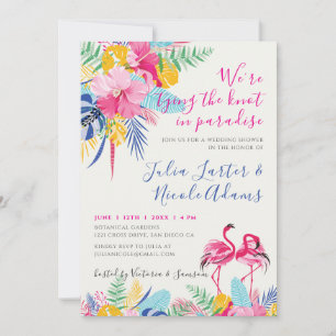 Convite Chuva de Casamento Azul Marinho Rosa Tropical Flor