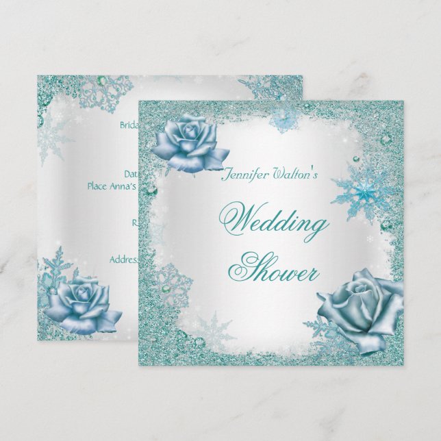 Convite Chuva de Casamento Brilho Azul Turquesa Rosas Bran (Frente/Verso)