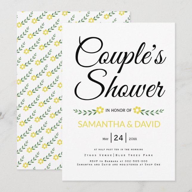 Convite Chuva de casamento casais amarelos tipografia mode (Frente/Verso)