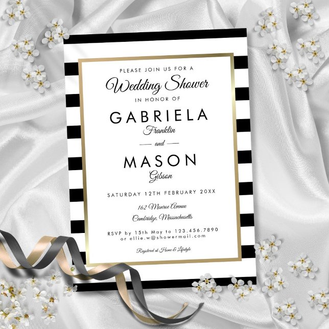 Convite Chuva de Casamento Clássica em Preto e Branco com  (Classic Black And White Stripe Gold Wedding Shower Invitation)