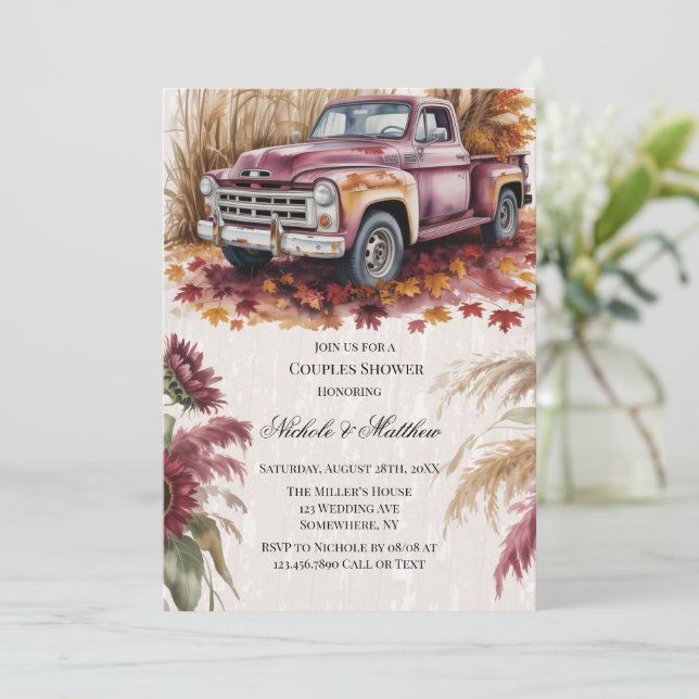 Convite Chuva de Casamento com Girassóis Borgonha e Grama  (Em pé/Frente)