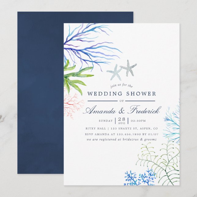 Convite Chuva de casamento com tema de algas marinhas aqua (Frente/Verso)