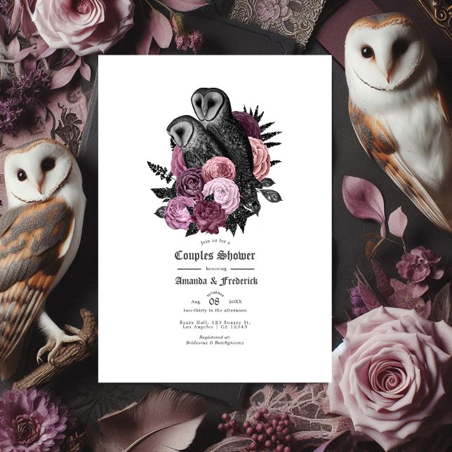 Convite Chuva de Casamento de Casais com Coruja Gótica e F (Gothic Owl and Mauve Vintage Floral Couples Shower Invitation)