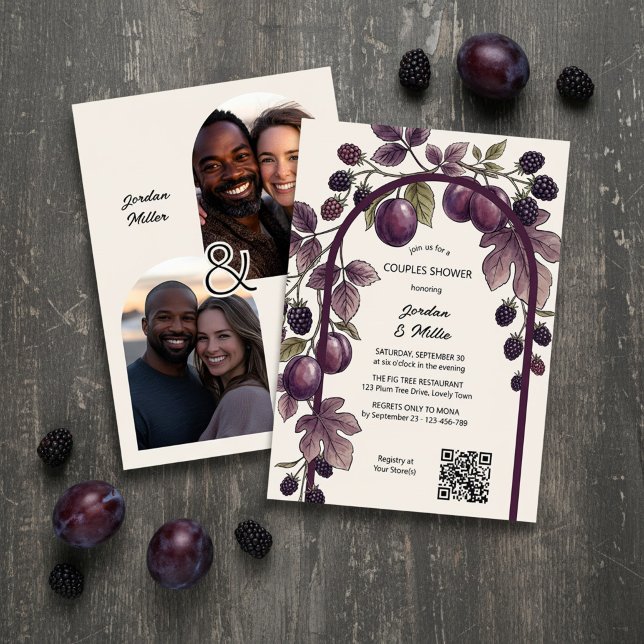 Convite Chuva de Casamento de Casais de Outono com Arco de (Fall Couples Shower invitation by Darling & May with your photos, rich purple plums and berries.)