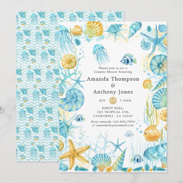 Convite Chuva de Casamento de Casais de Vida Marinha Azul  (Frente/Verso)