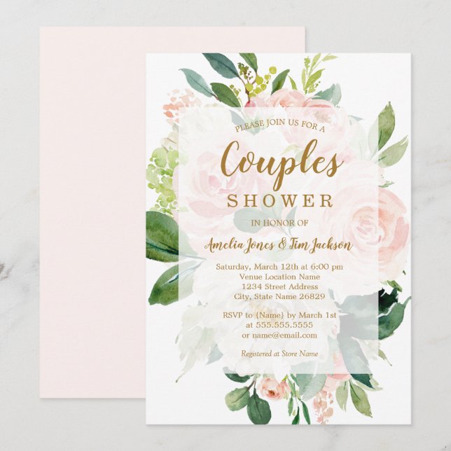 Convite Chuva de Casamento de Casais Elegante e Macia Flor (Frente/Verso)