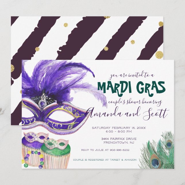 Convite Chuva de Casamento de Casal de Mardi Gras (Frente/Verso)