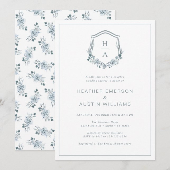 Convite Chuva de Casamento de Casal Floral Azul (Frente/Verso)