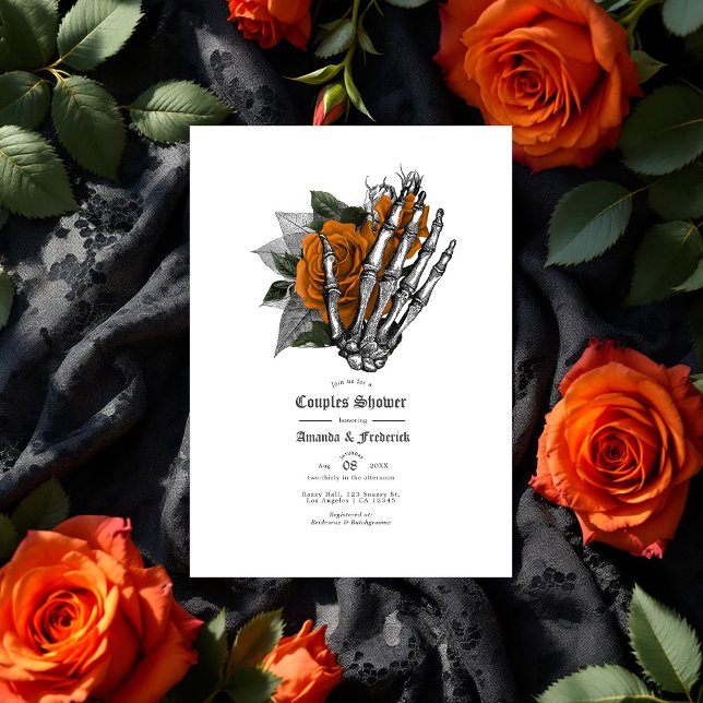 Convite Chuva de Casamento de Casal Rosa Laranja e Mão de  (Gothic Skeleton Hand & Orange Rose Couples Shower Invitation)