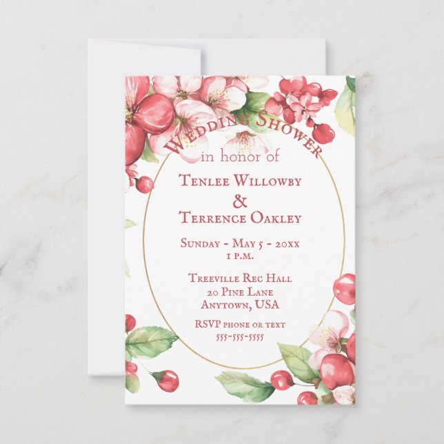 Convite Chuva de Casamento de Cerejas Vermelhas e Flores (Frente)