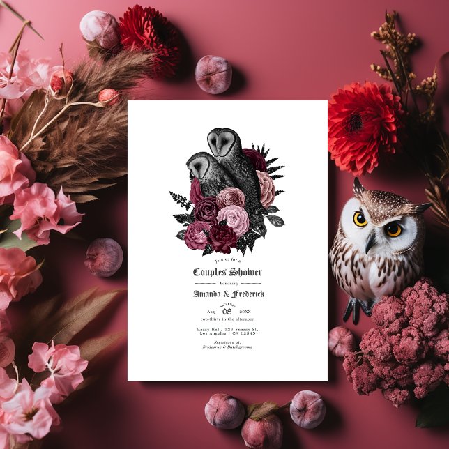 Convite Chuva de Casamento de Coruja Gótica e Casais Flora (Gothic Owl and Floral Halloween Couples Shower Invitation)