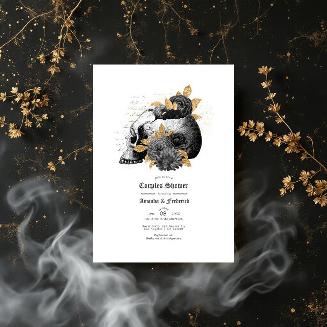 Convite Chuva de Casamento de Crânios e Casais Florais Gót (Vintage Gothic Skull and Floral Couples Shower Invitation)