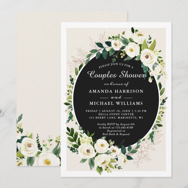 Convite Chuva de Casamento de Flores Brancas de Verdura (Frente/Verso)