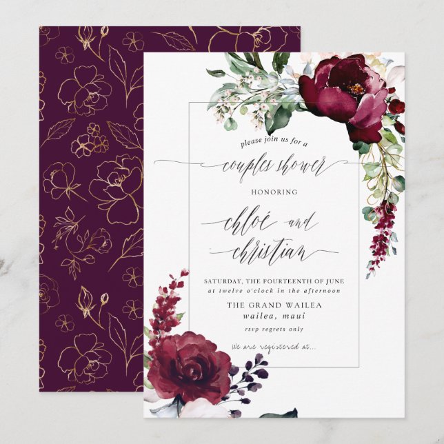 Convite Chuva de Casamento em Aquarela Rosa Borgonha Subli (Frente/Verso)