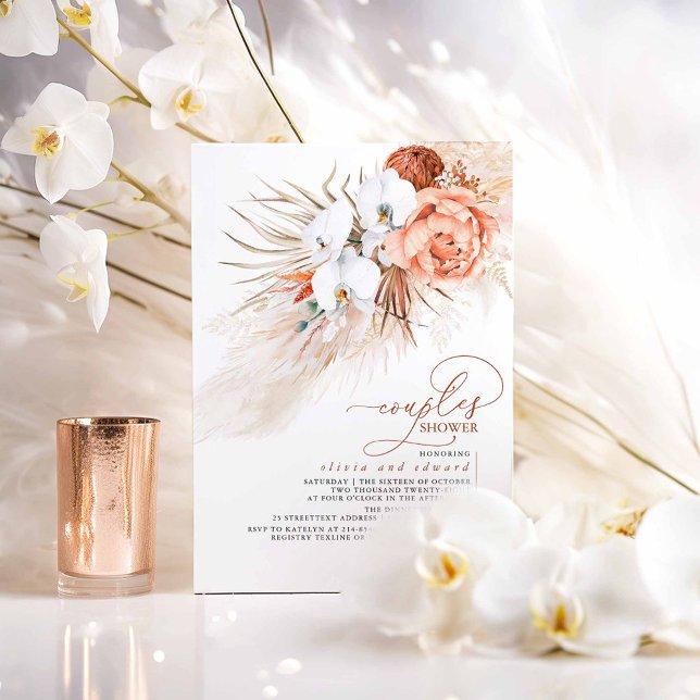 Convite Chuva de Casamento Floral de Terracota com Grama P (Boho Exotic Couples Shower Terracotta Invites)