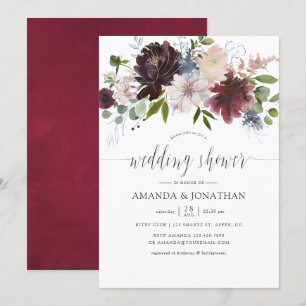 Convite Chuva de casamento floral em burgundy e azul-marin