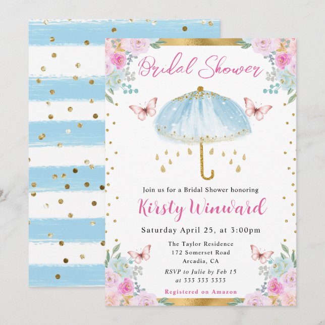 Convite Chuva de Casamento Guarda-Chuva Azul Primavera Aqu (Frente/Verso)