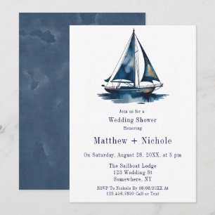 Convite Chuva de Casamento Náutica de Barco à Vela Azul e 