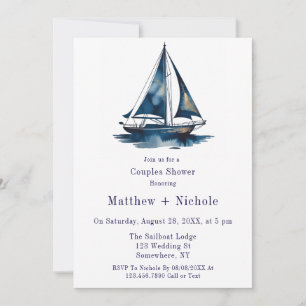 Convite Chuva de Casamento Náutico de Barco à Vela Azul e