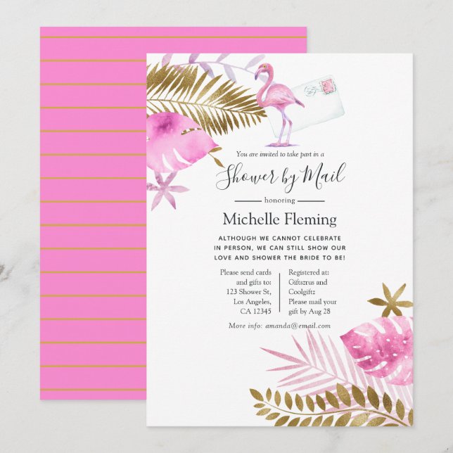 Convite Chuva de Casamento ou Chá de Bebê Flamingo Rosa e  (Frente/Verso)