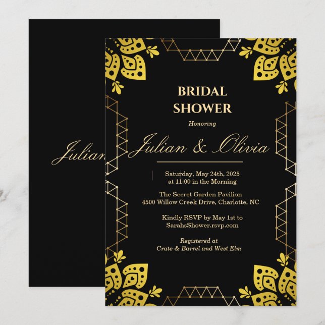 Convite Chuva de Casamento Real Luxuosa Preta e Dourada (Frente/Verso)
