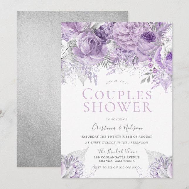 Convite Chuva de Casamento Roxo Lavanda Floral Prata (Frente/Verso)